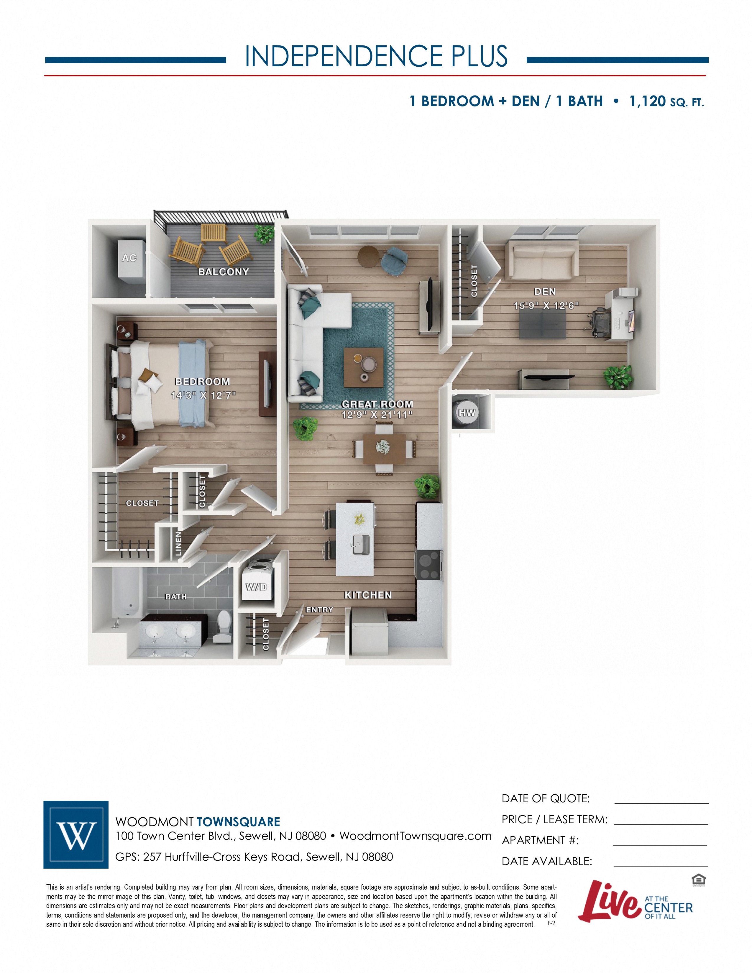 Floor plan for 1 bed, 1 bath, 1120 sqft